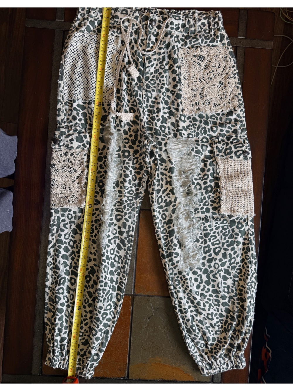 Pol large sage green leopard cheetah Lace boho retro cowgirl pants cinched ankle